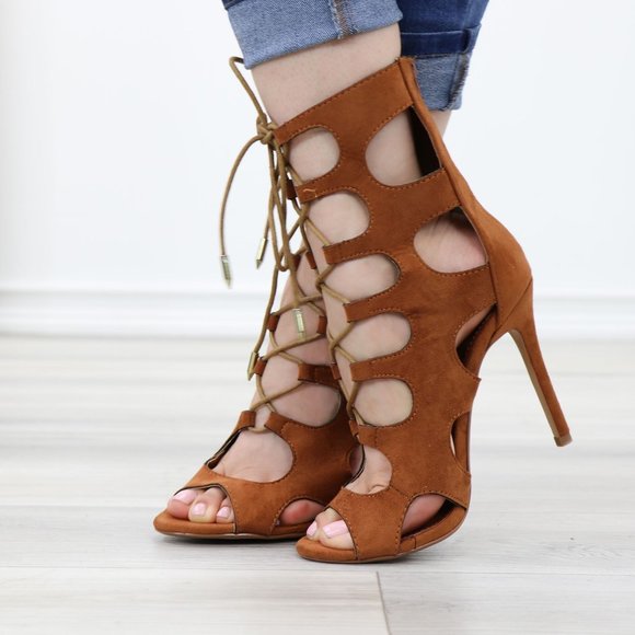 Suede Tan Gladiator Stiletto Needle High Heel Open Toe Bootie - Picture 6 of 11